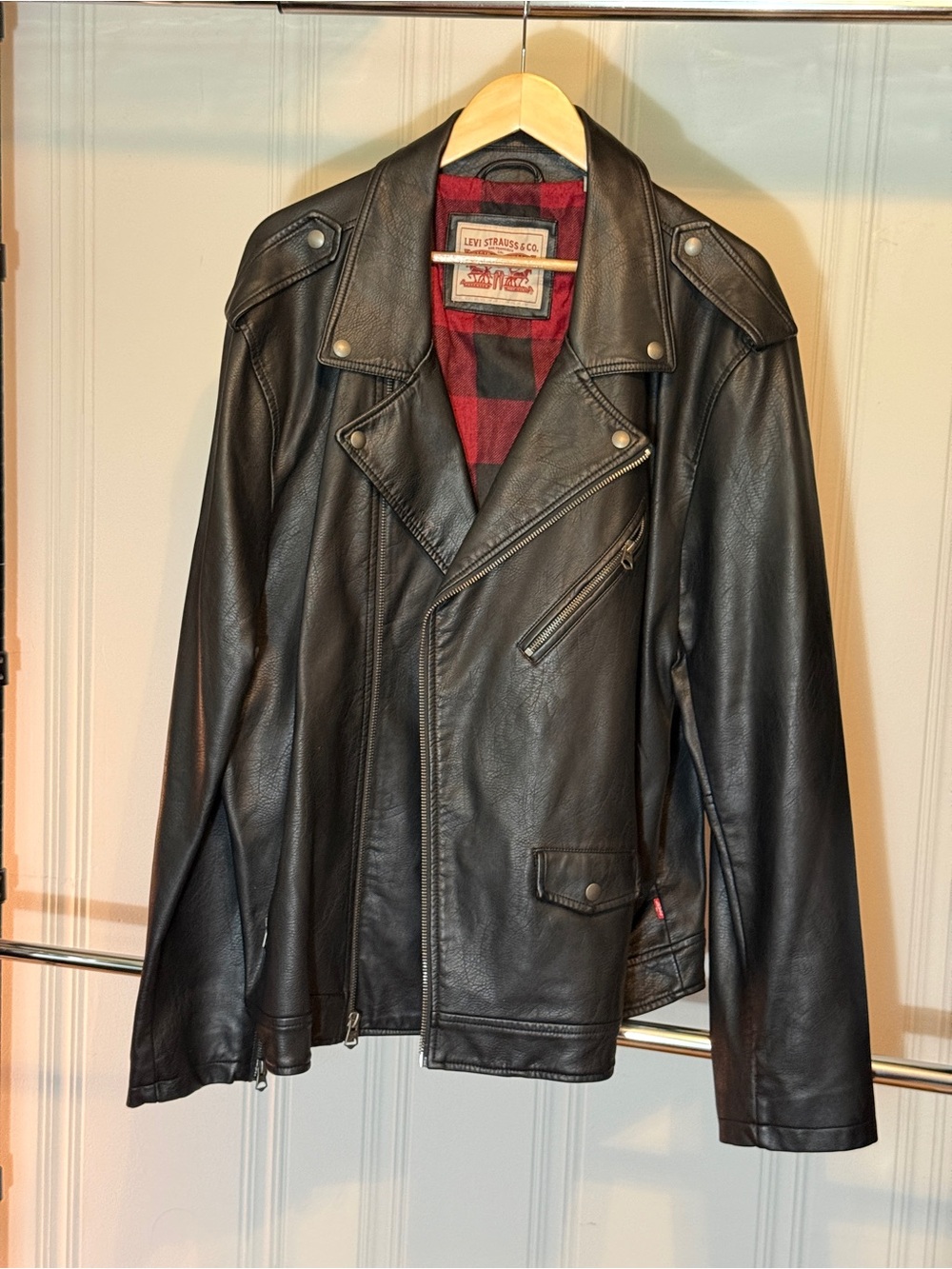 Levi's Black Leather Biker Jacket with Red Plaid Lining